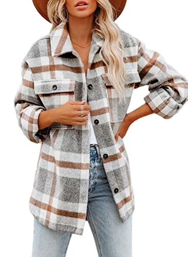 Beaully Women'S Brushed Plaid Shirts Long Sleeve Flannel Lapel Button Down Pocketed Shacket Jacket Coats Khaki Medium