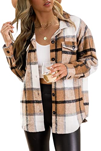 Oversized Womens Casual Plaid Shacket Wool Blend Button Down Long Sleeve Shirts Fall Jacket Shackets Plus Size