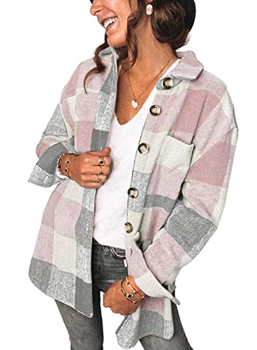 Prettygarden Women'S Fall Clothes Plaid Shacket Jacket Long Sleeve Button Down Flannel Shirts Fashion Blouse(Pink,Small)