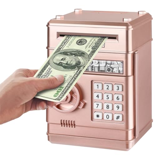 Adevena Electronic Piggy Bank, Mini Atm Password Money Bank Cash Coins Saving Box For Kids, Cartoon Safe Bank Box Perfect Toy Gifts For Boys Girls (Rose Gold)