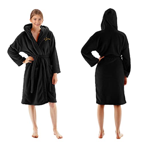 Bc Bare Cotton Personalized Name Custom Kids Microfiber Fleece Hooded Robe   Black   Large