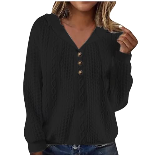 Cyber Fall Monday Deals Light Waffle Knit Hoodies For Women Dressy V Neck Button Down Blouse Fall Winter Long Sleeve Pullover Solid Color Tshirt Black