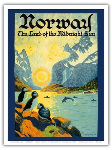 Norway   The Land Of The Midnight Sun   Norwegian Fjord With Atlantic Puffins   Vintage Travel Poster By Ben Blessum C.s   Master Art Print (Unframed) In X In