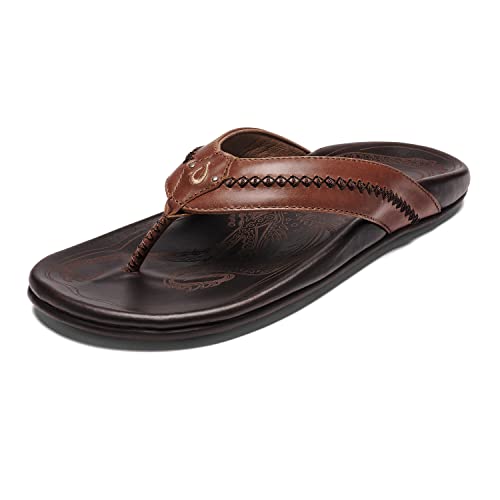 Olukai Mea Ola Men'S Beach Sandals, Premium Leather Flip Flop Slides, Compression Molded Footbed &Amp; Comfort Fit, Laser Etched Design, Tandk Java,