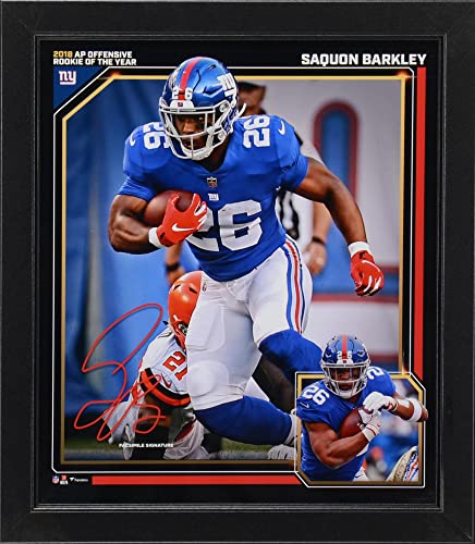 Saquon Barkley New York Giants Nfl Offensive Rookie Of The Year Framed X Collage   Facsimile Signature   Nfl Player Plaques And Collages