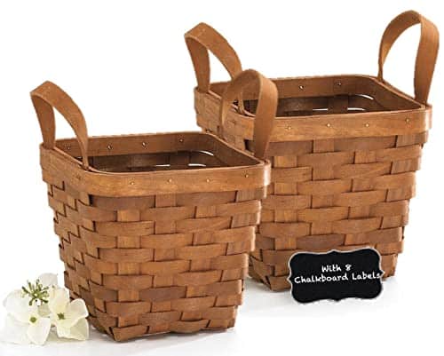 Small Wooden Decorative Woodchip Basket With Handles Empty Baskets Inch Pack For Gifts With Chalkboard Labels. Wicker Baskets Display Snack Pantry Organization Wedding Flower Plant (Dark Stain)