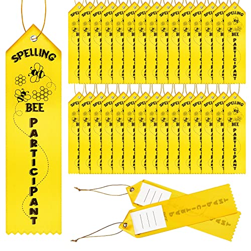 Spelling Bee Participant Award Ribbons With Card And String Yellow Participation Ribbon Spelling Bee Medal Ribbons Participant Prize Ribbons For Kids Spelling Bee Competition, X Inch (Pcs)