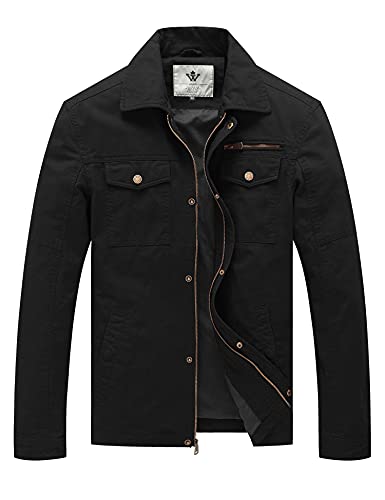Wenven Men'S Fashion Casual Cotton Canvas Military Jacket (Black, L)