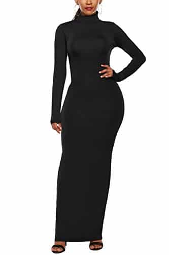 Ioiom Womens Spring Long Sleeve Maxi Skirts Turtleneck Wrap Waist Maxi Dress Black Xxl