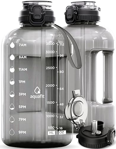 Aquafit Gallon Water Bottle With In Straw &Amp; Chug Lid   Gallon Water Bottle With Time Marker And Handle   Bpa Free Gallon Water Jug   Oz Large Water Bottles   Hydration Packs (Gray)
