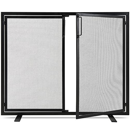 Best Choice Products Xin Door Fireplace Screen, Handcrafted Wrought Iron Decorative Mesh Geometric Fire Spark Guard Wmagnetic Panels   Black