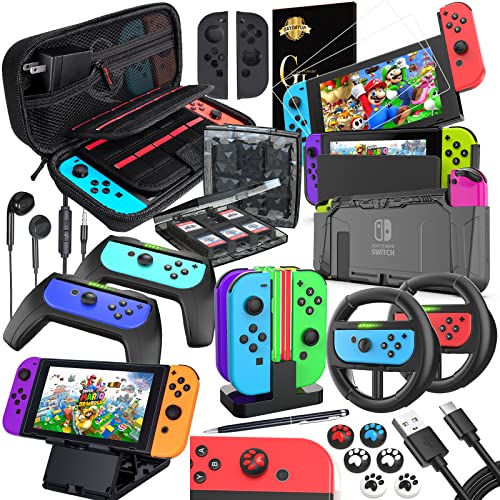 Deruitu Switch Accessories Bundle Compatible With Nintendo Switch, Kit With Carrying Case, Screen Protector, Compact Playstand, Game Case, Joystick Cap, Charging Dock,Steering Wheel, (In )