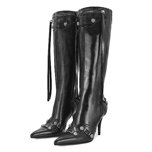 Dsevht Stiletto Boots Black Knee High Boots For Women Sexy Pointed Toe Rivets Tassel Boots Fashion Studded High Heel Long Boot Zipper