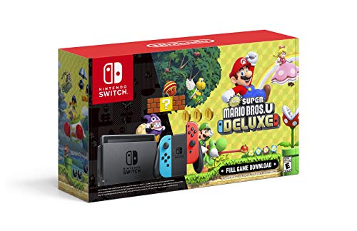 Nintendo Switch With Neon Blue And Neon Red Joy Con + New Super Mario Bros. U Deluxe (Full Game Download)   Switch Console