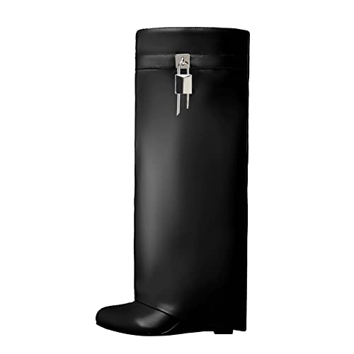 Women'S Fold Over Knee High Boots Covered Wedge Heel Almond Toe Padlock Black Boot Wide Calf Pull On Shoe
