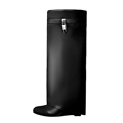 Yishaweiqi Fold Over Boots Wide Calf Wedge Heel Knee High Boot With Decorative Silver Lock Black