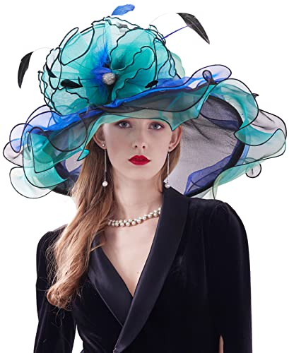 Z&Amp;X Womne'S Dual Use Organza Church Kentucky Derby Hat Bow Fascinator Clip Wide Brim Ruffles Wedding Hat Blue Green, #A  Green And Black, One Size