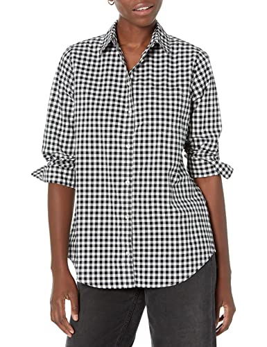 Amazon Essentials Women'S Classic Fit Long Sleeve Button Down Poplin Shirt, Black White Gingham, Medium