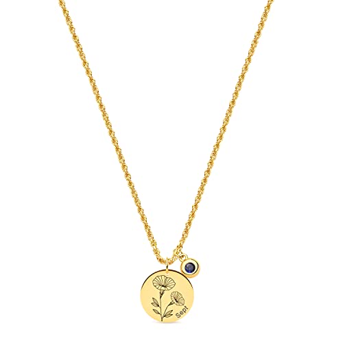 Mevecco Gold Birth Flower Coin Necklace For Women Stamped Disc Onth September Morning Glory Pendent With Birthstone Sapphire K Gold Plated M Twist Rope Chain Birthday Jewelry 