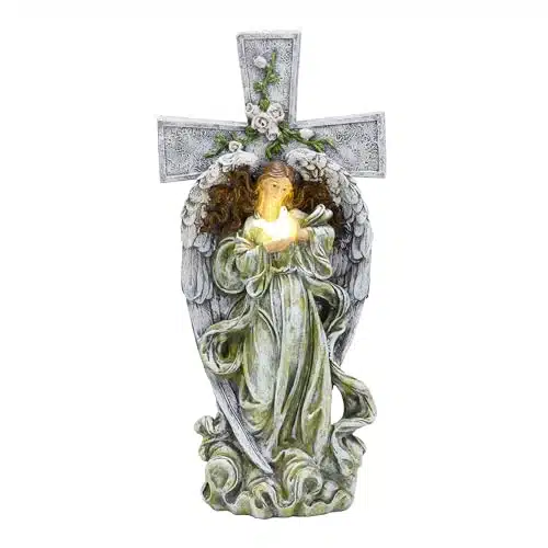 Teresa'S Collections Angel Garden Decor With Solar Outdoor Light For Outside, Fairy Garden Statues With Cross For Outdoor Decor, Figurine Yard Decor For Patio Balcony Lawn, Gi