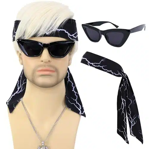 Bettecos Short Blonde Ken Costume Wig For Men With Headbands Necklace And Glasses Mens Blond Boxer Cosplay Synthetic Hair Wigs For Halloween Party