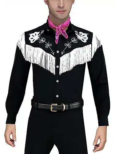 Naywig Cowboy Costume With Scarf Western Long Sleeve Fringe Shirt Halloween Cosplay For Mens Boys Small