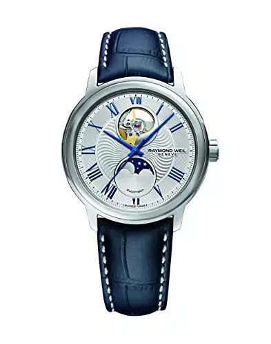 Raymond Weil Maestro Men'S Automatic Watch, Moon Phase Functions, Visible Balance Wheel, Silver Dial, Roman Numerals, Stainless Steel, Blue Leather Strap, Mm (Model Stc )