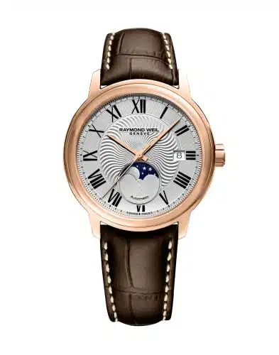 Raymond Weil Maestro Men'S Automatic Watch, Moon Phase, Silver Dial, Roman Numerals, Stainless Steel With Rose Gold Pvd Plating, Brown Leather Strap, Mm (Model Pc)