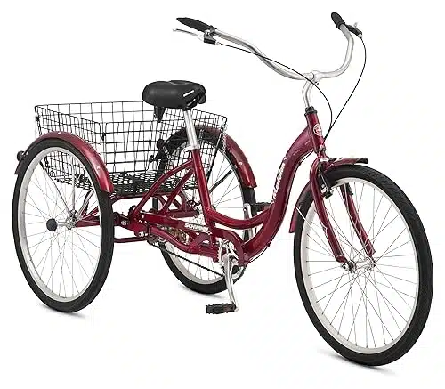 Schwinn Meridian Adult Tricycle Bike, Mens And Womens Three Wheel Beach Cruiser, Inch Wheels, Low Step Through Frame, Wide Seat, Rear Folding Basket, Speed, Maroon