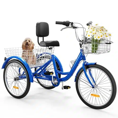 Yitahome Speed Adult Tricycle, Inch Heel Bikes, Trike Bike For Adults With Removable Baskets, Cruiser Bike For Seniors Women Men Shopping Picnic Outdoor Sports, Blue